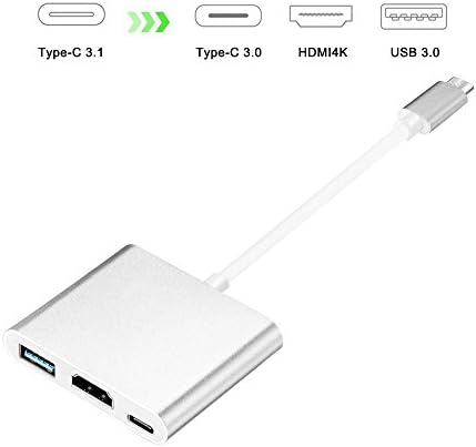 USB C to HDMI 4K Multiport Adapter, Anlyso USB 3.1 Type-C to HDTV HDMI Adapter Converter 4K+USB 3.0+USB-C Charging Port for New Macbook/Dell XPS13/Chromebook Pixel/Yoga 900/HDTV/Projector (Silver New)
