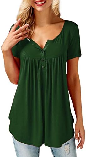 DondPO Women's Short Sleeve T-Shirt Solid Row Pleats Button Ruched O-Neck Casual Blouse Summer Clothes Loose Work T-Shirt (Green, L)