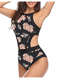 Holipick Traje de baño de una pieza con cuello alto y estampado floral, sin espalda, para mujer