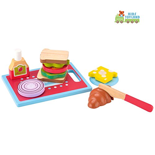KIDS TOYLAND Wooden Sandwich-Making Set Play Food Set for Kids - Pretend Play Learning Educational Kitchen Toys Toddlers Breakfast Hand-Painted Wooden Pieces (13pcs)