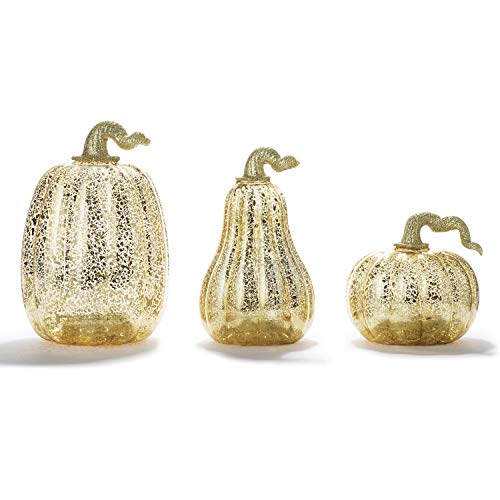 LampLust Gold Pumpkin Centerpiece with LED Lights - Set of 3, Mercury Glass Style, Fall, Autumn, Halloween & Thanksgiving Decorations, Batteries and Timer Included