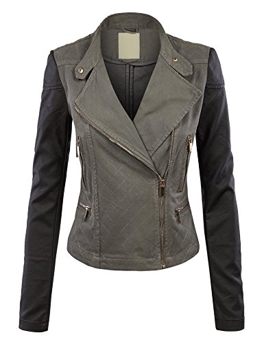 LL WJC1017 Womens Quilted Jacket with Faux Leather Sleeves XS GREY