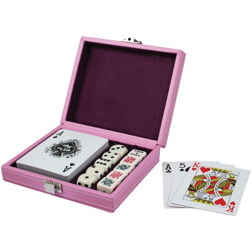 Charlotte Pink Leatherette Single Deck Poker Game Playing Card Holder with 10 Dice - 5 Inch
