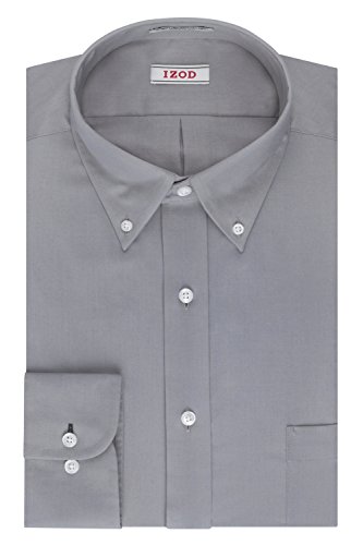 IZOD Men's Twill Regular Fit Solid Button Down Collar Dress Shirt, Slate, 17.5