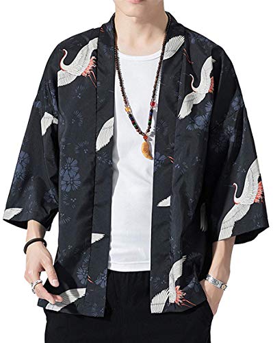 Hotmiss Men's Kimono Cardigan Jacket Japanese Style Flying Crane Seven Sleeves Open Front Coat (Navy Crane, Large)