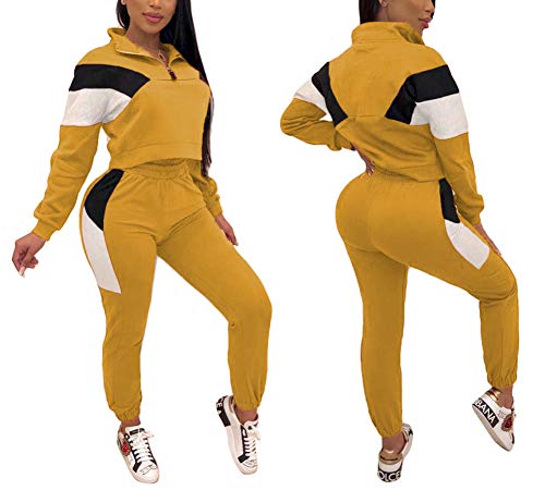 Women Two Piece Tracksuit Sets 1/4 Zip Long Sleeve Jacket and Long Pant Activewear Set Yellow XXL