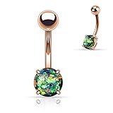 Fifth Cue 14G Opal Glitter Prong Set Rose Gold IP Over 316L Surgical Steel Belly Button Ring (Synthetic Opal) - Dark Green