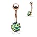 14G Opal Glitter Prong Set Rose Gold IP Over 316L Surgical Steel Belly Button Ring (Synthetic Opal) - Dark Green