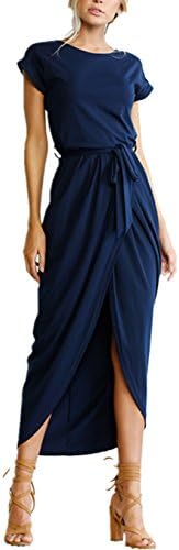 2017 Women's Summer Short Sleeve Slim Fit Sexy Split Midi Bodycon Pencil Dress,Navy Blue,Small