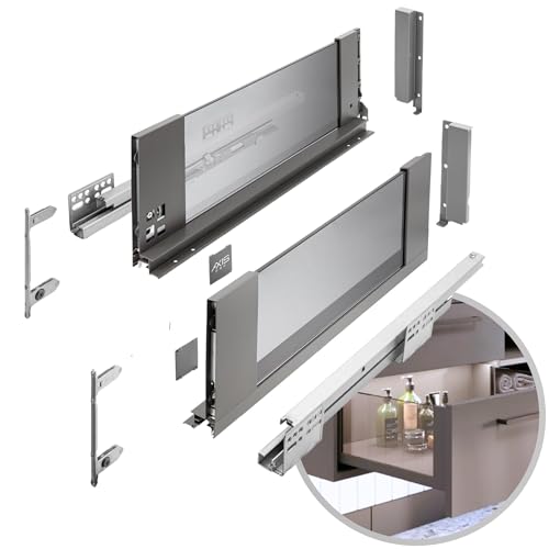 GTV - Schubladensystem AXIS PRO | Schublade mit Glasseiten | Schubkasten | Schubkastensystem | Höhe: 167 mm Länge: 400 mm | Anthrazit mit Rauchglas