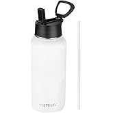Insulated Water Bottle With Straw,32 oz Vacuum Insulated Stainless Steel Sports Water Flask,Keeps Cold and Hot,Metal Water Bottle Wide Mouth for Gym Travel Camping (White)