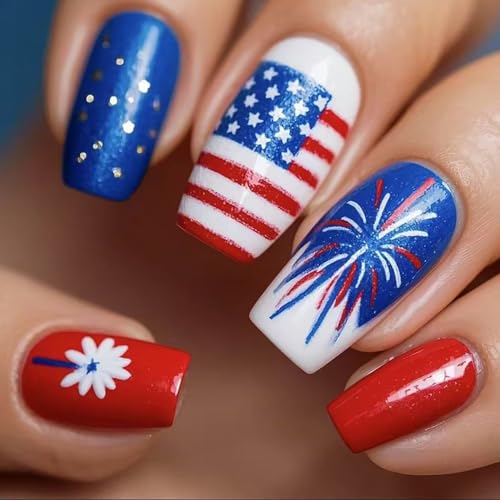 EYZOTSF Press on Nails Square Short Length Acrylic False Nails with Independence Day Designs Artificial Square Shaped Holiday July 4th Fake Nails Glue Stick ons Fingernails for Women Girls(YS615) at Amazon