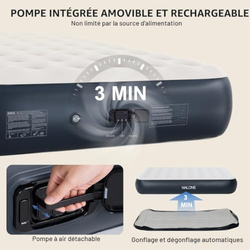 Matelas Gonflable 2 Personnes Full Size, Lit Gonflable Électrique Auto-Gonflant avec Pompe Intégrée Rechargeable Idéal Camping et Maison 191x137x33cm