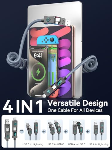 Haiteron 240W Coiled USB C Cable for Car,4 in 1 Charging Cable Fast Charging USB C to USB C Cable with LED Display Combo USB A/C to C/L for iPhone 16/15, iPad, MacBook,Tablets,6FT