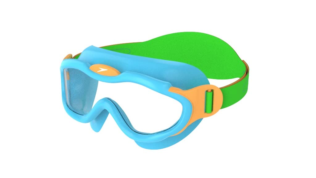 Speedo Unisex-Youth Biofuse Sea Squad Mask Swimming Goggles | UV Protection | Anti-Fog | Adjustable Fit | Vibrant Colours Goggles, Azure Blue/Fluro Green/Fluro Ora, One Size