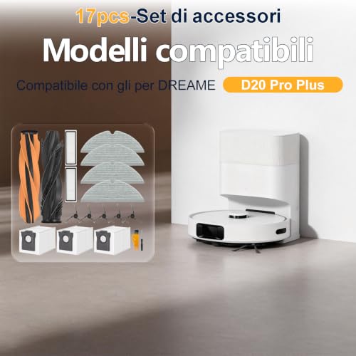 Vacuum Cleaner Accessories for DREAME D20/D20 Pro Plus, 1 Main Brush, 2 Filters, 3 Dust Bags, 4 Wipes, 5 Side Brushes, D20 Pro Plus Replacement Parts 17pcs | 1 Spazzola Principale, 2 Filtri, 3 Sacchetti Per La Polvere, 4 Salviette, 5 Spazzole Laterali, D20 Pro Plus Pezzi Di Ricambio