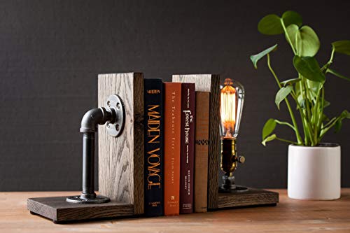 Industrial Steampunk bookend table pipe lamp with Classic Edison bulb and oak wood base