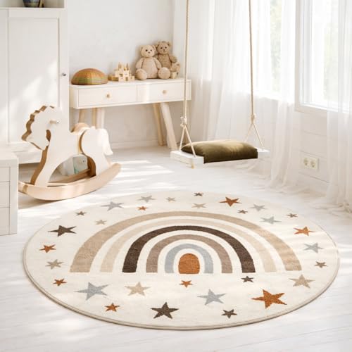 the carpet Beat Kids Moderner Weicher Kinderteppich, Weicher Flor, Pflegeleicht, Farbecht, Regenbogen Muster, Creme, 160 cm Rund
