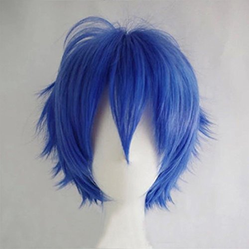 Women Mens Short Fluffy Straight Hair Wigs Anime Cosplay Party Dress Costume Wig (Dark Blue)