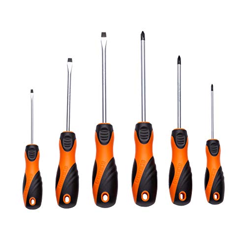 Kendo 6pcs Magnetic Screwdriver Set Non-Slip Wide & Comfortable Cushion Grip Phillips & Slotted Heavy Duty Rust Resistant Cr-V Steel Bar Permanent Magnetic Tips with Premium Storage Case