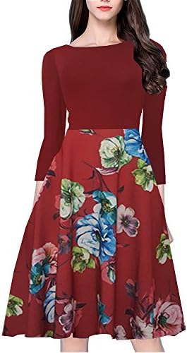 YISHIWEI Women's Long Sleeve Pocket Vintage Patchwork Flowers Casual Party Flared Midi Dress (Large, Red)