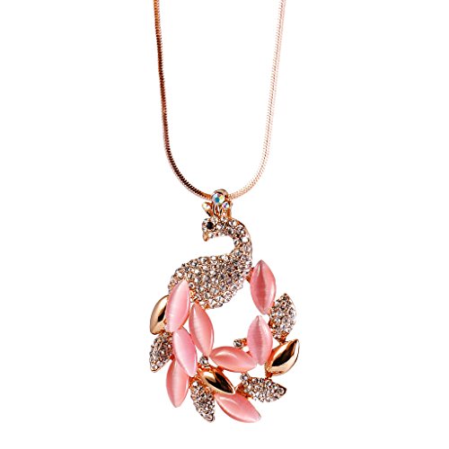 MagiDeal Elegant Artificial Opal Zircon Peacock Princess Style Sweater Chain Long Pendant Necklace - Pink