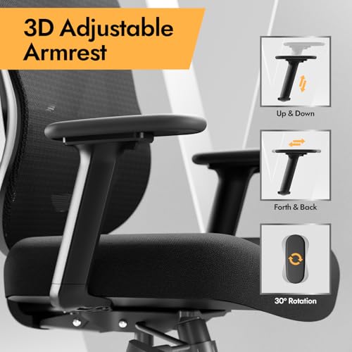 HOLLUDLE Ergonomic Office Chair with 3D Lumbar Support and Adjustable 3D Armrests - V Shape Design, Comfortable Desk Chair for Office and Home, Black