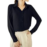 Cekaso Women's Button Up Shirts Solid Collared Sheer Long Sleeve Chiffon Blouse, Black, Tag Size XXXL=US Size L