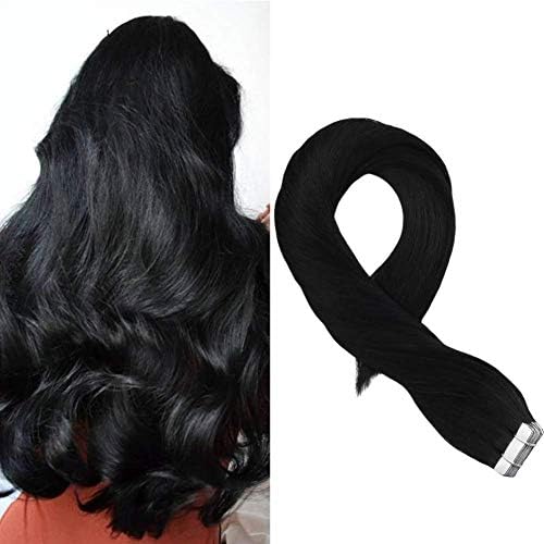 Moresoo Hair 24 Inch Glue in Remy Hair Extensions Jet Black Color #1 100% Real Brazilian Hair Human Hair Soft and Thick Tape in Human Hair Extensions 20pcs/50g
