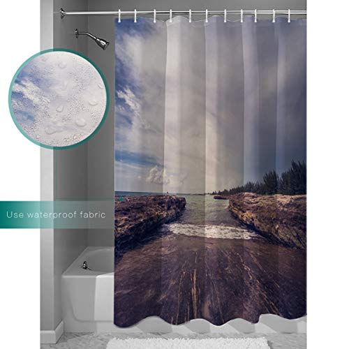 Shower Curtain Set with Bath Rug, Island Forest Lanscape Bathroom Accessories Decor Polyester Fabric Shower Curtains with Hooks 36"x72" and Non-Slip Bath Mat 18"x30" - Thumbnail 2