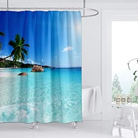 ZXMBF Ocean Beach Shower Curtain Blue Sky Sea Tropical Palm Trees Seaside Landscape Bath Curtain Waterproof Fabric… 41q YpQHjmL