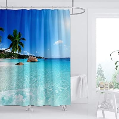 ZXMBF Ocean Beach Shower Curtain Blue Sky Sea Tropical Palm Trees Seaside Landscape Bath Curtain Waterproof Fabric… 41q YpQHjmL