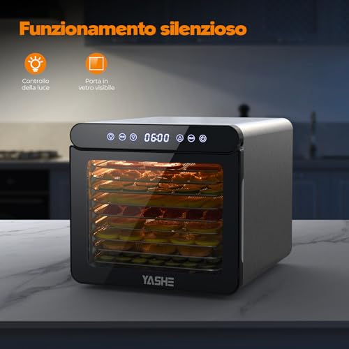YASHE Food Dryer, 800W Dehydrator with LED Display, Temperature Up to 75°C and 48H Timer, 9 Stainless Steel Trays, 9 Mesh Sifters, 1 Fruit Tray