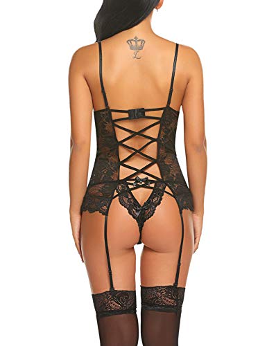 Avidlove Damen Body mit Strapsen Dessous Sexy Reizwäsche Spitze Bodysuit Corsage Set Negligee V-Ausschnitt Nachtwäsche… – Bild 3