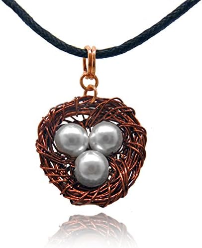 Earthen Gypsy Bird Nest Pendant Necklace Wire Wrapped Copper with 3 White Pearl Eggs, Unique Handcrafted Gift