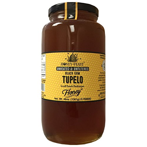 Black Gum TUPELO Honey - 3 Pound Glass Jar. Raw, Unheated, Unfiltered USA Honey Feast brand honey. Hand crafted small batch beekeeper honey from Florida. USA Honey.