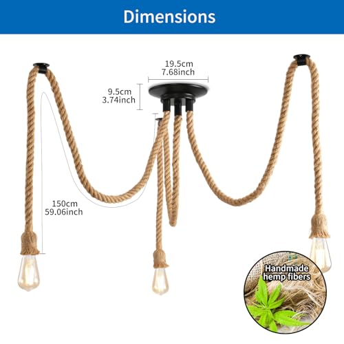 ANWIO Hemp Rope Pendant Lamp, Industrial E27 Lamp, Rustic Ceiling Lamps with 3 Bases, Vintage Ceiling Lamp, Ideal for Dining Room, Restaurant, Bar, Cafe, Living Room, Living Room (No Bulbs)