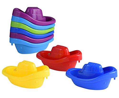 Playkidz Bath Toy Little Boat Train Pack of 9 Stackable Plastic Kids Tugboats for Bathtub & More in 6 Colors Ages 3 and Up