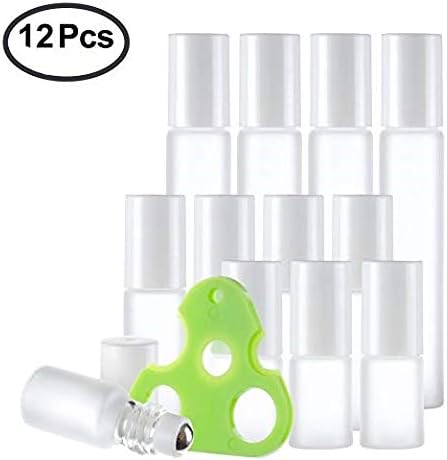 GTANG 12 Bottles 3ml 5ml 10ml Frosted Glass Roller Bottles, Spray Bottles with Metal Roller Balls Essential Oils Opener Key Tool Included of Essential Oil Roller Bottles Metal Ball