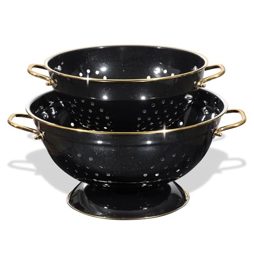 Metal Colander 2 Pack, 3.5 Quart Powder Coated Self-draining Solid Ring Base Metal Large Kitchen Pasta Vegetable Fruit Strainer with Handle (L-BLACK)