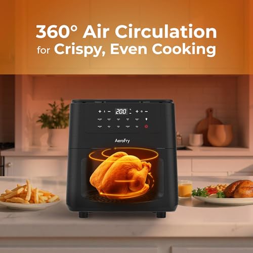 AEROFRY Digital Air Fryer 6L Panoramic glass, Oil Free Healthy Cooker with multiple Presets, Non-Stick Basket with 360° High speed air technology- Black | قلاية هوائية رقمية بدون زيت