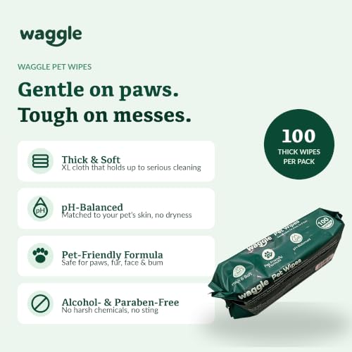 Waggle Pet Wipes for Paws, Fur and Face, Gentle and Alcohol-Free, 100 Wipes | Dog & Cat Wipes, Pet Wipes