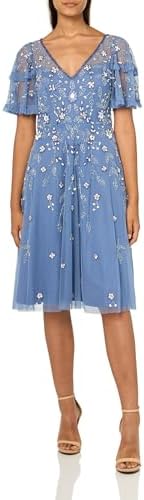 adrianna papell women's bead flutter-sleeve midi mesh dress NEW Adrianna Papell Dress Womens Size 6 Blue Beaded Flutter Sleeve Midi *Flaw