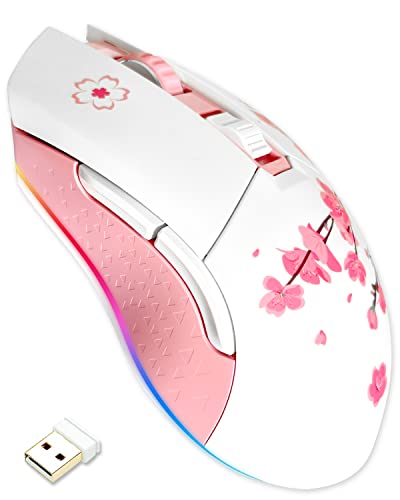DAREU Sakura Pink Wireless Wired Gaming Mouse, Dual-Mode Wiederaufladbar, 6 Programmierbare Tasten, 10K DPI, RGB und 7 Einstellbare DPI-Stufen bis zu
