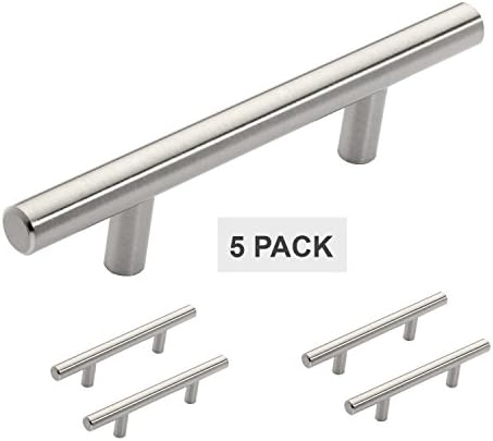 5 Pack | Hamilton Bowes Satin Nickel Cabinet Hardware Euro Style Bar Handle Pull - 3" Hole Centers, 5-3/4"" Overall Length (5)
