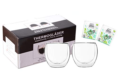 Teeset: 2x 310ml Jumbo + 2x BIO-Tee "Well Being" - 2x 310ml doppelwandige Jumbo Gläser / Thermogläser mit Schwebe-Effekt / 2x BIO Teebeutel Kräutertee, Moringa, Ingwer … / DUOS-SET by Feelino