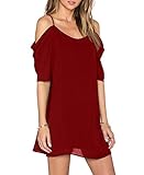 Women Cold Shoulder Chiffon Trumpet Sleeve Spaghetti Strap Dress Tops Red Large
