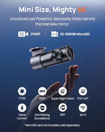 70mai 4K Front Dash Cam Built in WiFi, Smart Dash Camera for Cars, WDR, Night Vision, iOS/Android Mobile App, WDR, Night Vision, Loop Recording, Parking Monitor, Time-Lapse (M310 Plus 4K) (2160P)