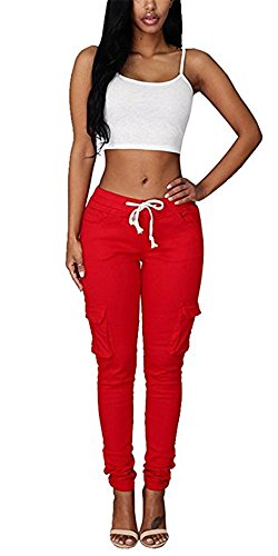Coutgo Womens Casual stretch drawstring skinny pants cargo jogger pants (M, red)