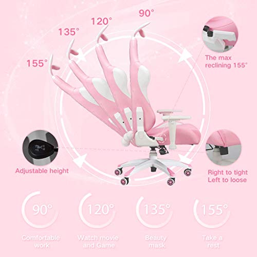 Gaming Chair Large Size High-Back PU Leather Ergonomic Racing Seat with Lumbar Support, Rabbit Ears and Fluffy Tail, Pink - Thumbnail 4